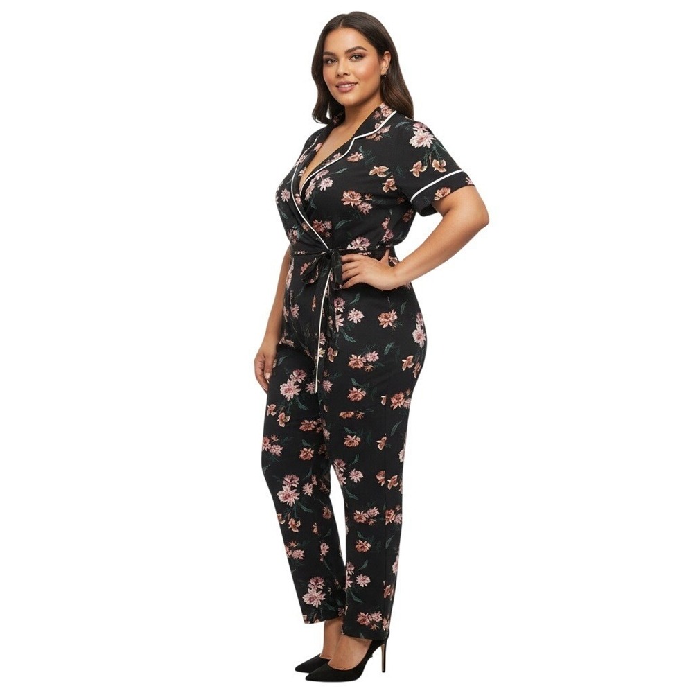 Monteau LA Floral Jumpsuit XL Black Pink Wide‎ Leg Wrap Elastic Waist Crepe